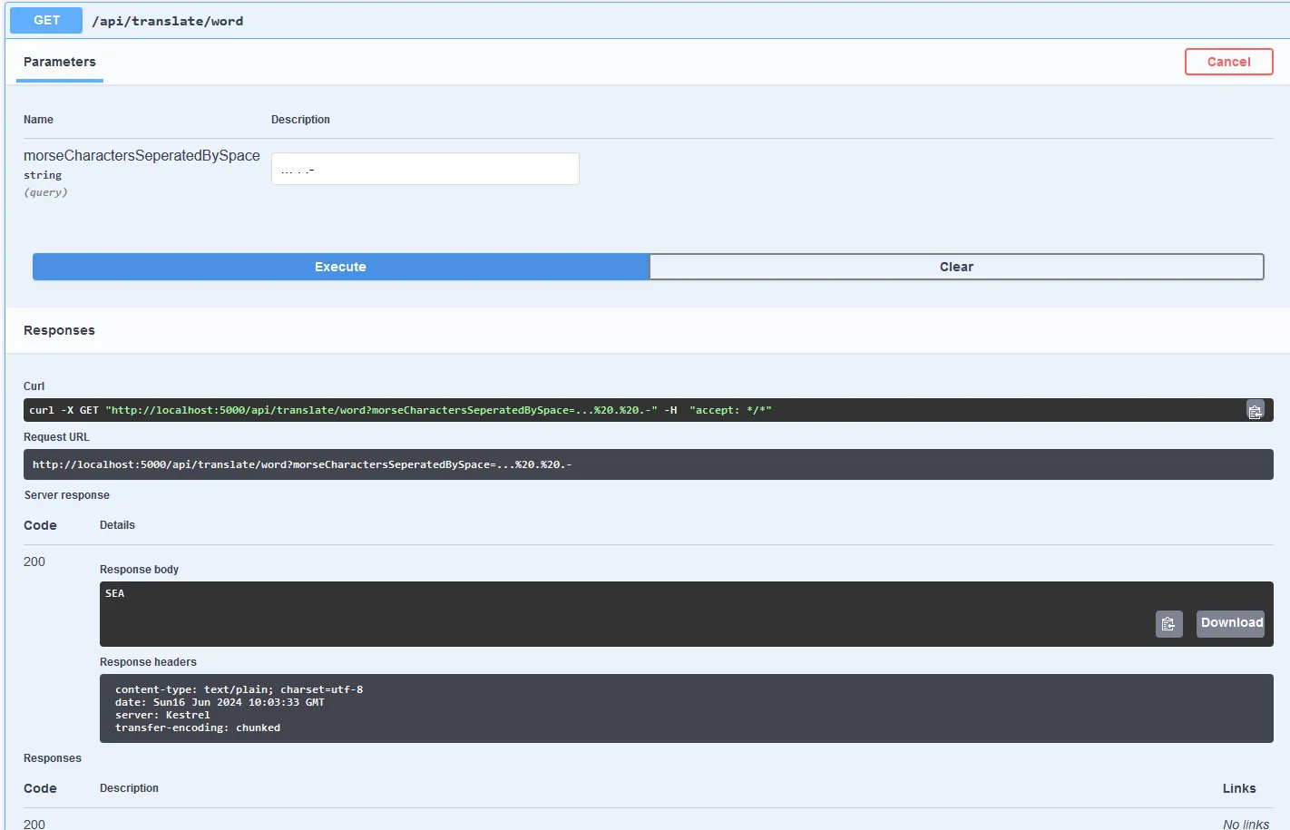 Screenshot of Morse Code API in Action (via Swagger)